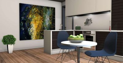 an office interior design with round table, wall murals, and reception table