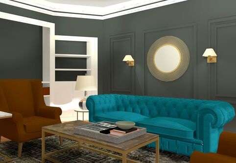 a sitting room with dark ash walls, green sofa, centre table