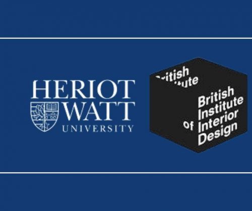 A graphic on a blue field shows the Heriot Watt University logo and the British Institute of Interior Design logo. The image is presented within the attachment details in an insert media interface.
